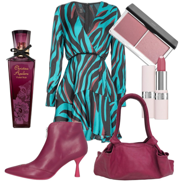 Outfit donna - violet. Stile Glamour per Serata fuori. Abbinamento con stivaletti, borse a mano, rossetti, profumi, blush, vestiti corti.