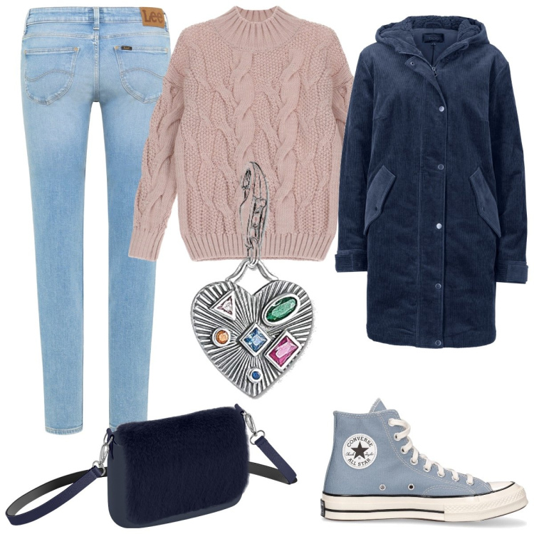 Outfit donna - Charm a cuore. Stile Casual per Tutti i giorni. Abbinamento con parka, maglieria, jeans skinny, braccialetti, borse a spalla, sneakers.