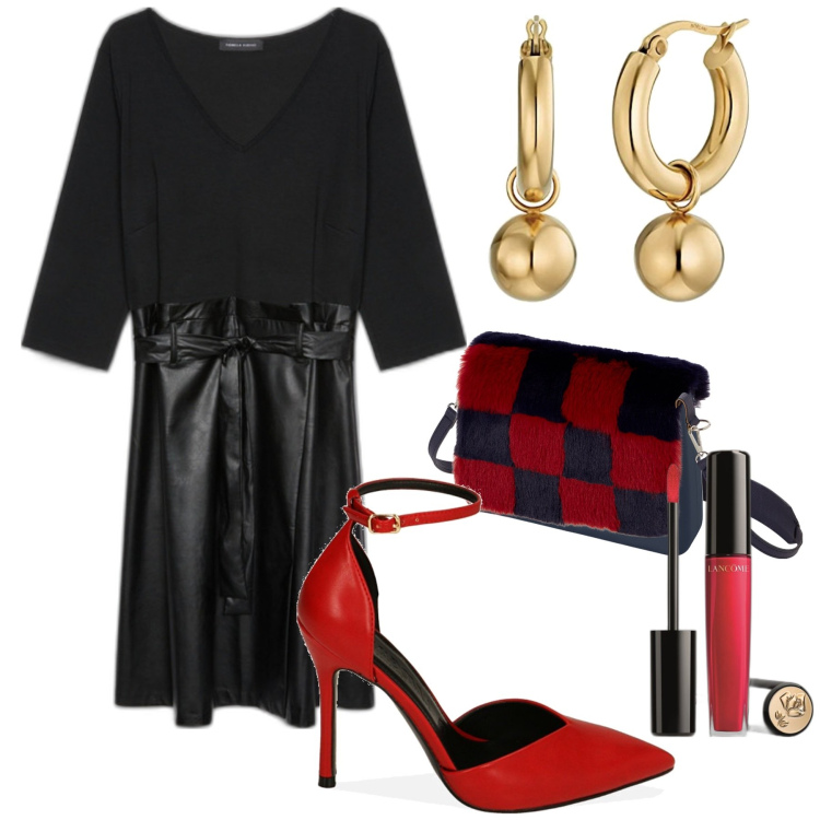Outfit donna - Aria di festa. Stile Chic per Serata fuori. Abbinamento con gloss, décolleté, vestiti, orecchini, borse a spalla.