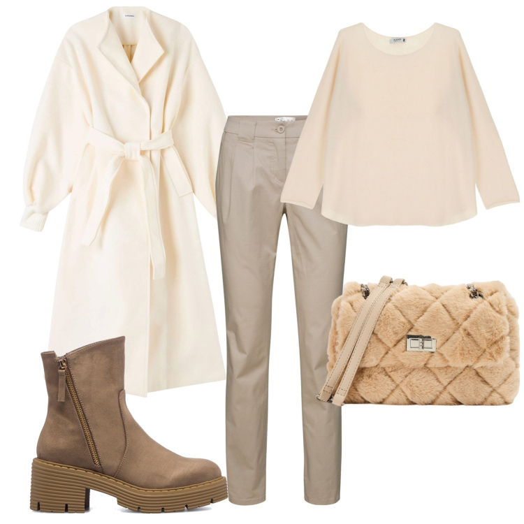 Outfit donna - Creme. Stile Chic per Ufficio. Abbinamento con pantaloni chino, cappotti, borse a spalla, maglieria, stivaletti.