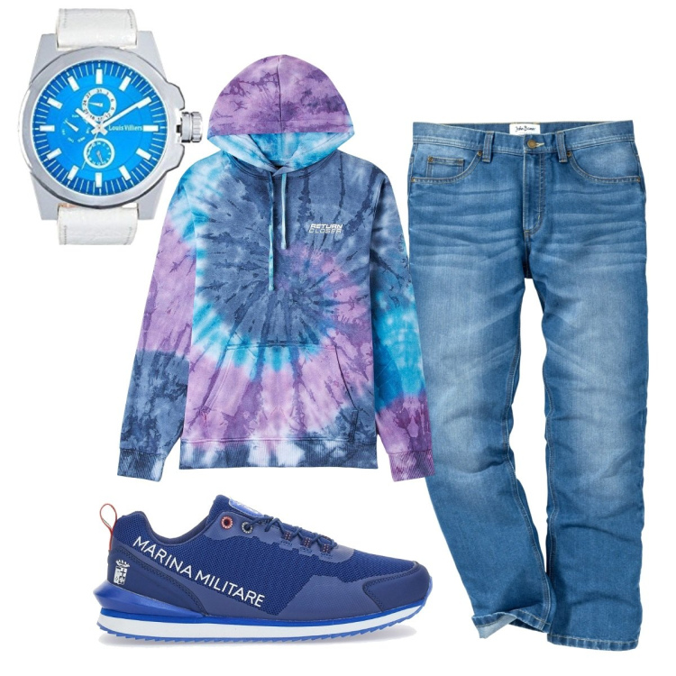 Outfit uomo - Total look #1776745. Stile Casual per Tutti i giorni. Abbinamento con jeans dritti, felpe con cappuccio, orologi analogici, sneakers.