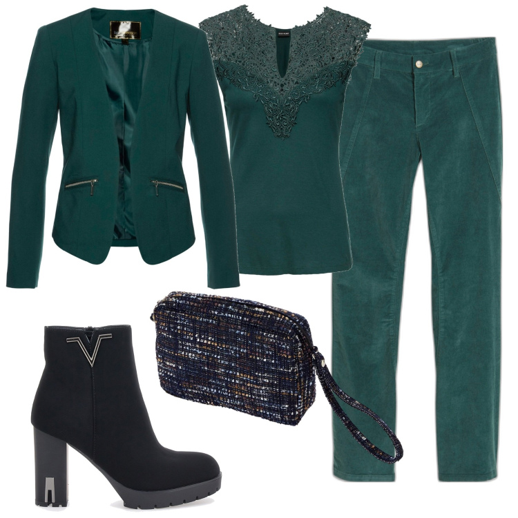 Outfit donna - Completo bonprix. Stile Basic per Ufficio. Abbinamento con blazer, pantaloni, top, stivaletti, pochette.