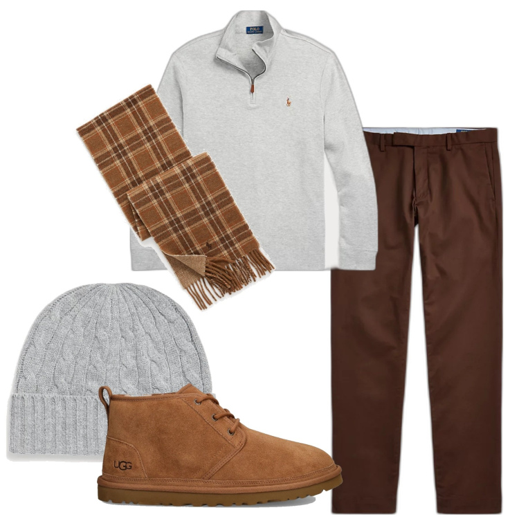 Outfit uomo - Sorprendente. Stile Casual per Tutti i giorni. Abbinamento con pullovers, sciarpe, berretti, pantaloni chino, scarpe stringate.
