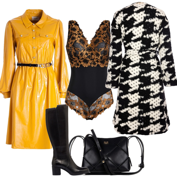 Outfit donna - Total look #1776777. Stile Chic per Serata fuori. look ideale per Tall. Abbinamento con body, borse a spalla, cappotti, vestiti chemisier, stivali sopra il ginocchio.