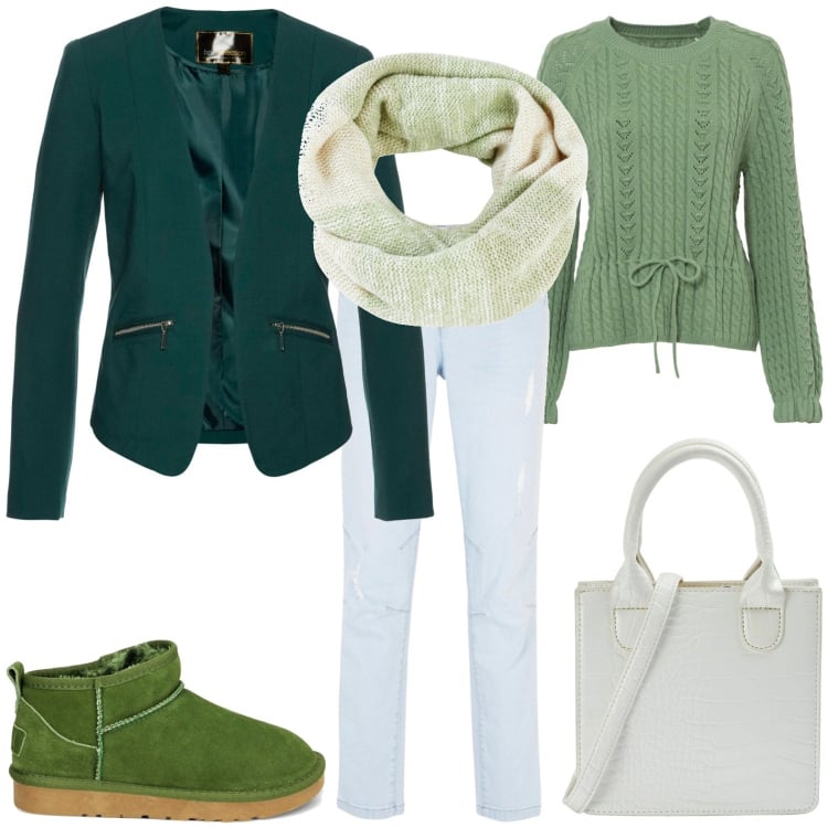 Outfit donna - Comoda. Stile Casual per Tutti i giorni. Abbinamento con blazer, maglieria, jeans boyfriend, foulard, shopping bag, stivaletti.