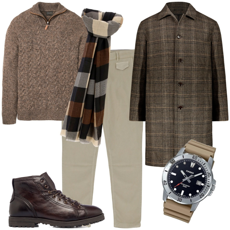 Outfit uomo - Casual chic. Stile Casual Abbinamento con maglieria, sciarpe e foulard, pantaloni, anfibi, orologi, cappotti.