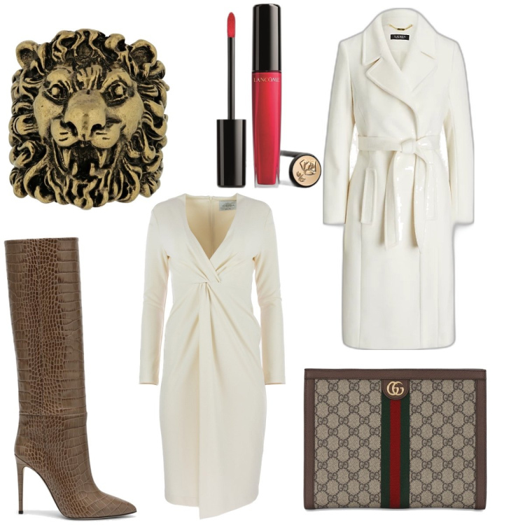 Outfit donna - White. Stile Chic Abbinamento con gloss, cappotti, pochette, vestiti midi/longuette, anelli, stivali.