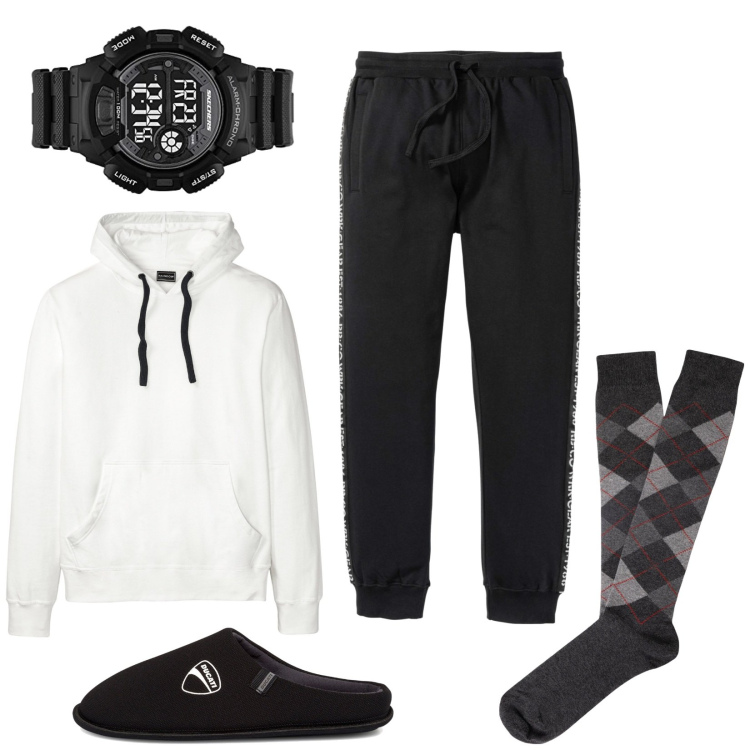 Outfit uomo - Film a casa. Stile Casual per Tutti i giorni. Abbinamento con felpe con cappuccio, pantaloni, pantofole, orologi digitali, calzini.