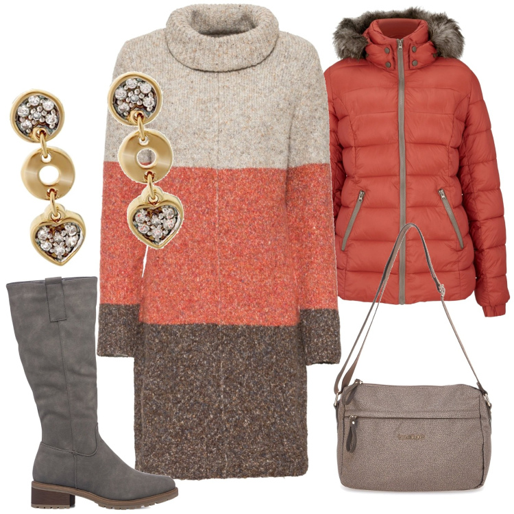 Outfit donna - Abito di lana. Stile Minimal per Tutti i giorni. Abbinamento con vestiti, piumini, stivali sopra il ginocchio, borse a tracolla, orecchini.