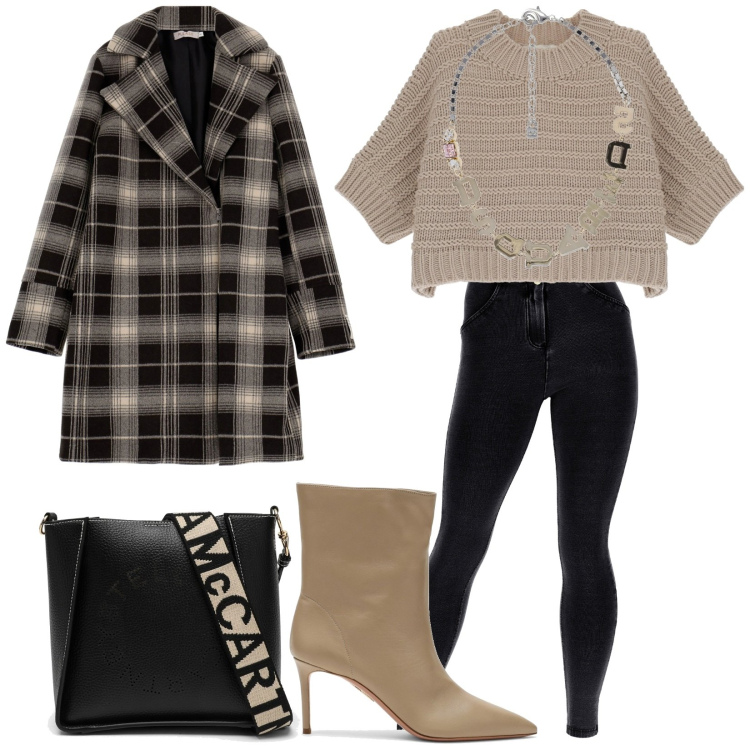 Outfit donna - Total look #1776843. Stile Trendy per Tutti i giorni. Abbinamento con cappotti, jeggings, maglieria, collane, stivaletti, borse a tracolla.