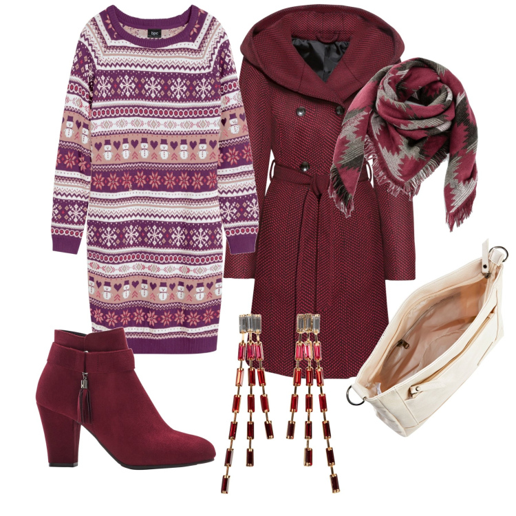 Outfit donna - Fiocchi di neve. Stile Trendy per Tutti i giorni. Abbinamento con cappotti, orecchini, foulard, stivaletti, vestiti, borse a tracolla.