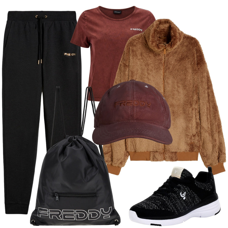 Outfit donna - Xmas Sporty Chic. Stile Sporty chic per Tutti i giorni. Abbinamento con zaini, pantaloni, scarpe sportive, blazer, t-shirt, cappelli.