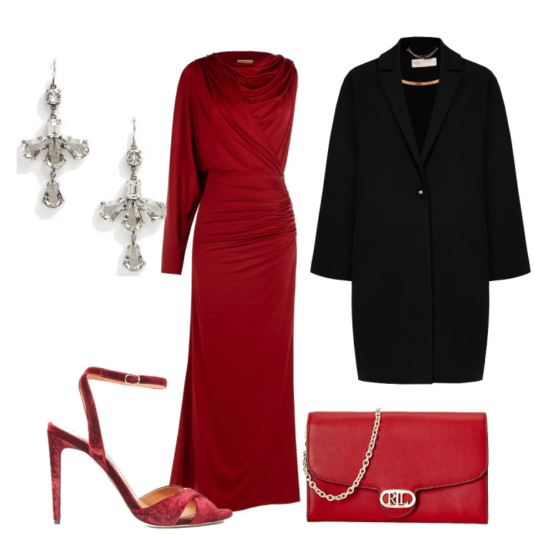 Outfit donna - Serata di gala. Stile Chic per Serata fuori. look ideale per Tall. Abbinamento con vestiti asimmetrici, cappotti, borse a tracolla, sandali col tacco, orecchini.