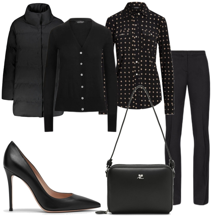 Outfit donna - Serata in pantalone e camicia fantasia. Stile Glamour per Serata fuori. Abbinamento con pantaloni, camicie, cardigans, piumini, décolleté, borse a tracolla.