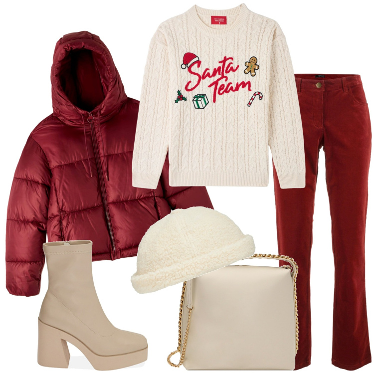 Outfit donna - Panna e Red Velvet. Stile Casual per Tutti i giorni. Abbinamento con pantaloni, piumini, maglieria, stivaletti, borse a mano, cappelli.