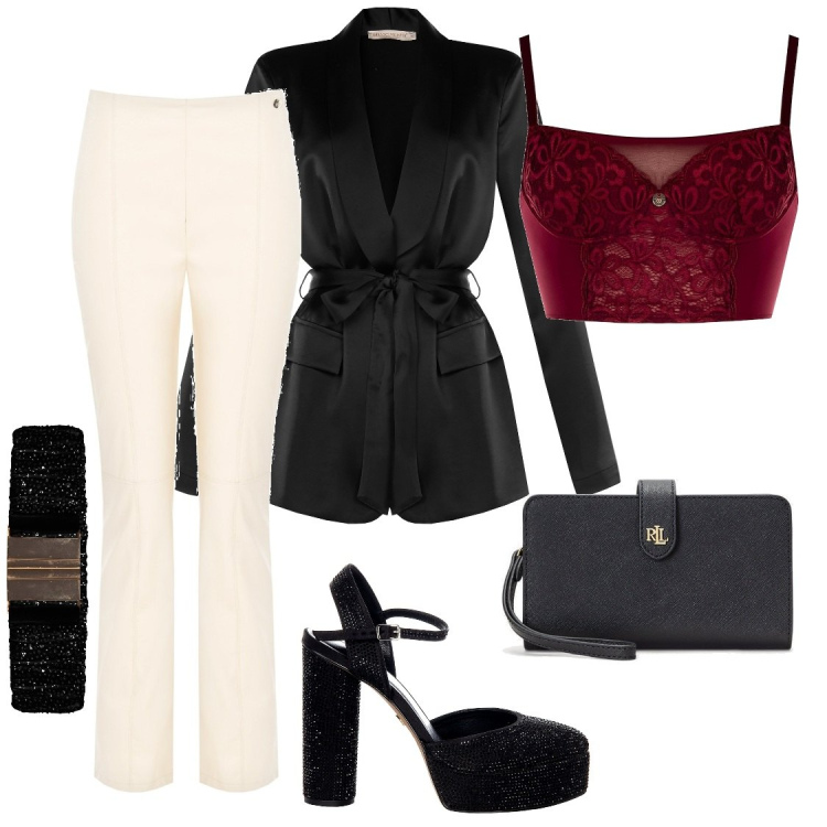 Outfit donna - Serata prefestiva. Stile Sexy per Serata fuori. Abbinamento con pantaloni, cappotti, culotte, cinture, scarpe col tacco, pochette.