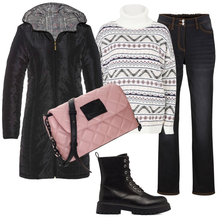Outfit donna - Tracolla rosa per gli acquisti Natalizi. Stile Casual per Tutti i giorni. Abbinamento con blazer, maglieria, jeans dritti, anfibi, borse a tracolla.