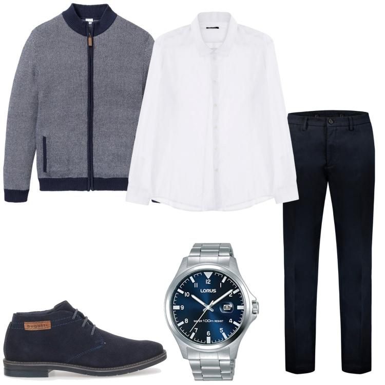 Outfit uomo - Maglione con zip e camicia. Stile Trendy per Tutti i giorni. Abbinamento con cardigans, camicie, pantaloni, orologi analogici, scarpe stringate.