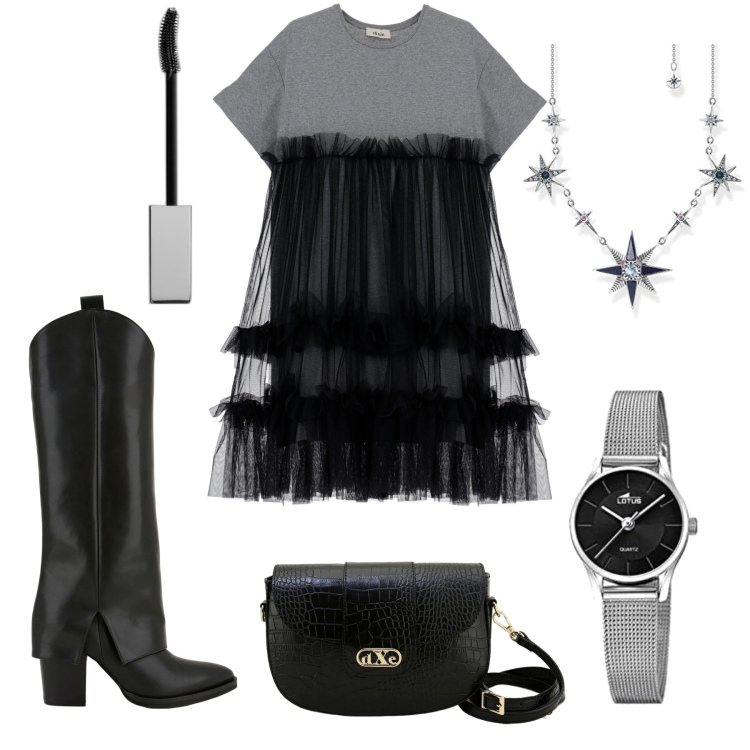 Outfit donna - Silver black. Stile Trendy per Serata fuori. Abbinamento con mascara, vestiti corti, pochette, stivali, collane, orologi.