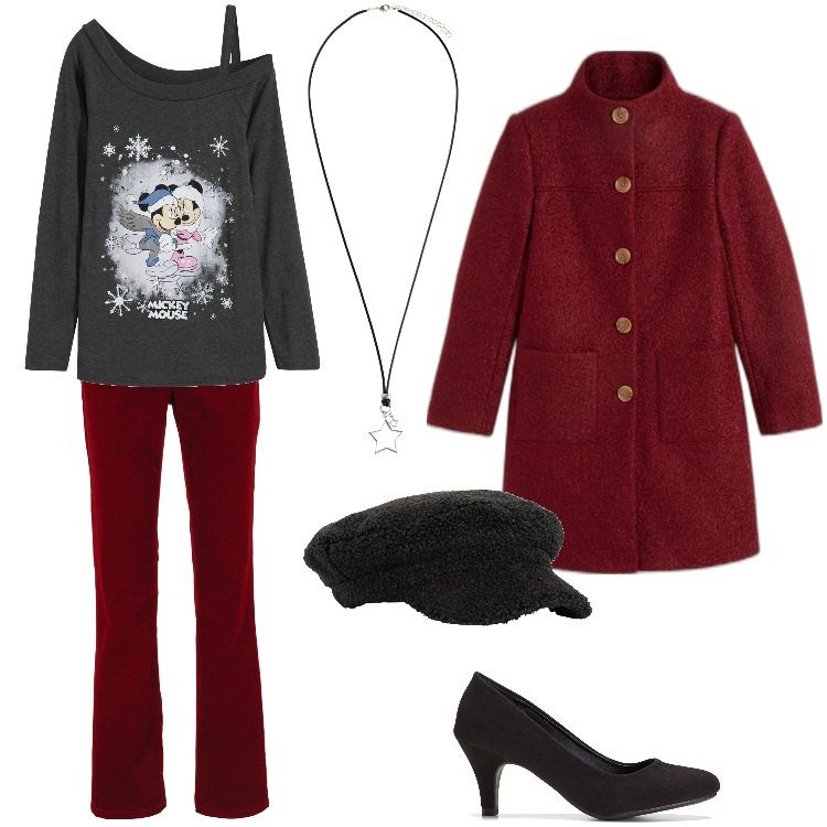 Outfit donna - Xmas - Dicembre. Stile Vintage retrò per Serata fuori. Abbinamento con pantaloni, décolleté, maglieria, cappotti, cappelli con visiera, collane.