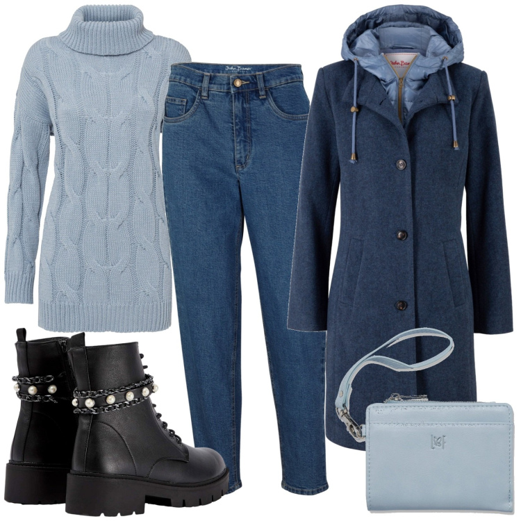 Outfit donna - Total look #1776908. Stile Basic per Scuola/Università. Abbinamento con cappotti, maglieria, jeans mom, anfibi, portafogli.