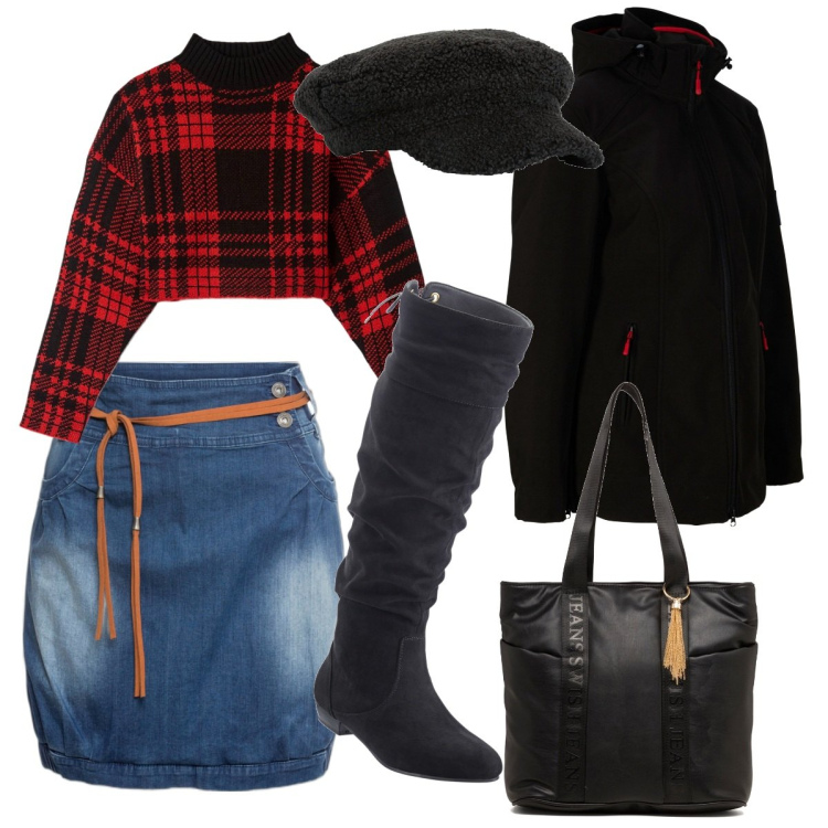 Outfit donna - Per mercatini. Stile Casual per Tutti i giorni. Abbinamento con minigonne, blazer, stivali, cappelli con visiera, maglieria, borse a spalla.