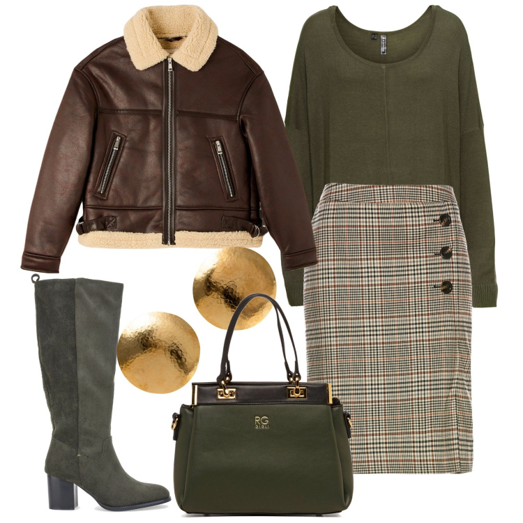 Outfit donna - First. Stile Bon Ton per Tutti i giorni. Abbinamento con maglieria, gonne, ecopellicce, borse a spalla, stivali sopra il ginocchio, orecchini.