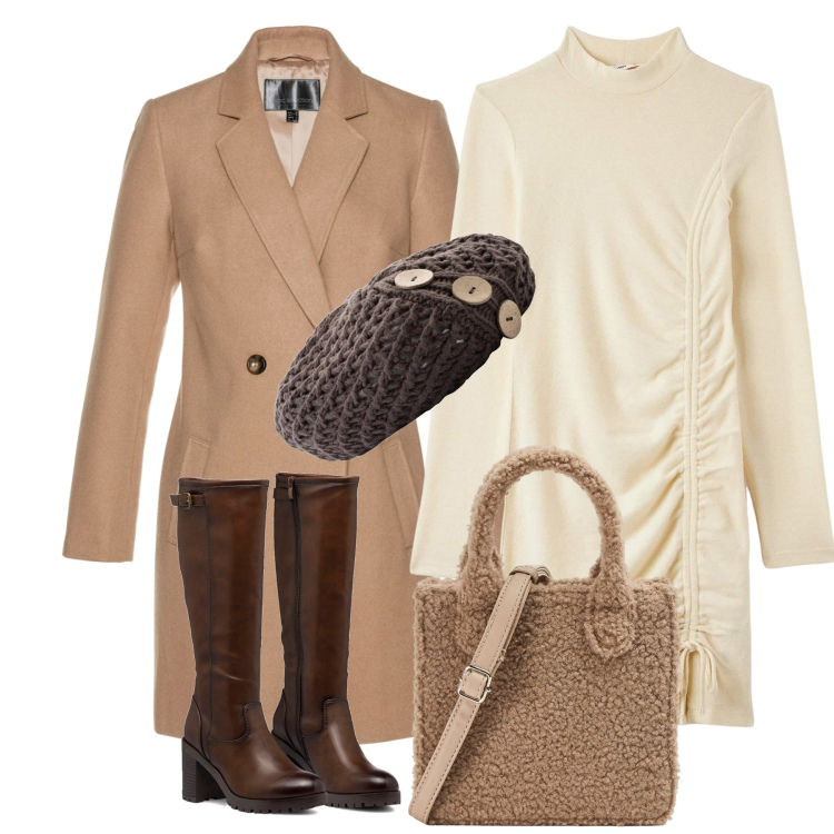 Outfit donna - Tre bottoni. Stile Bon Ton per Tutti i giorni. Abbinamento con berretti, cappotti, vestiti corti, shopping bag, stivali sopra il ginocchio.