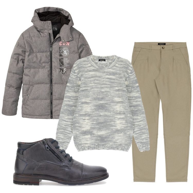 Outfit uomo - Piumone. Stile Urban per Tutti i giorni. Abbinamento con giacche, pantaloni, pullovers, stivali e stivaletti.