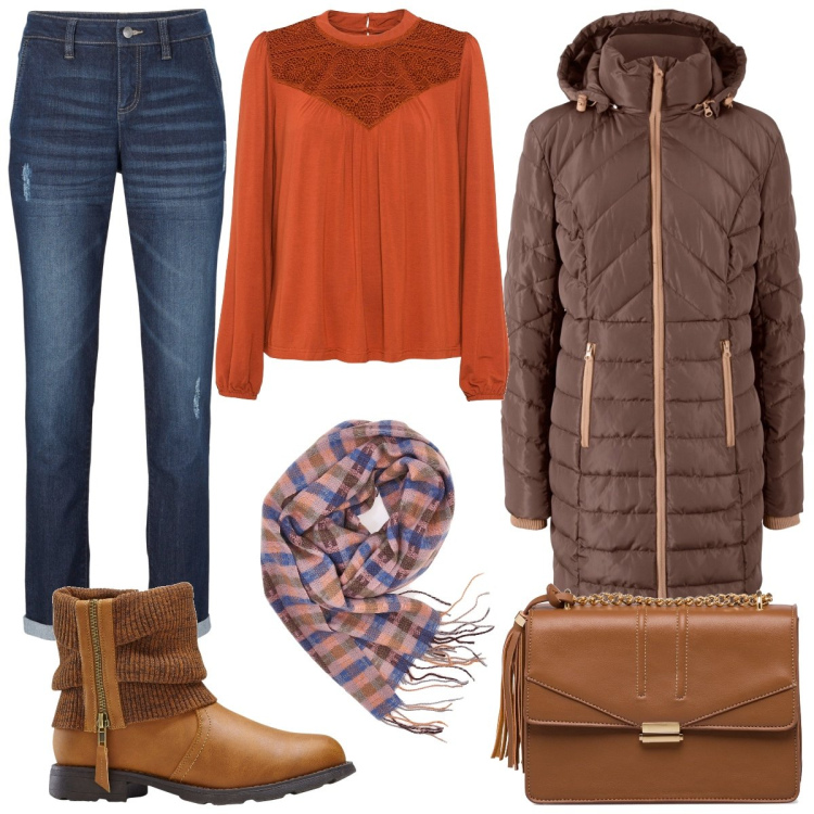 Outfit donna - Foliage d’inverno. Stile Casual per Tutti i giorni. Abbinamento con blazer, jeans boyfriend, maglieria, stivaletti, borse a tracolla, sciarpe.