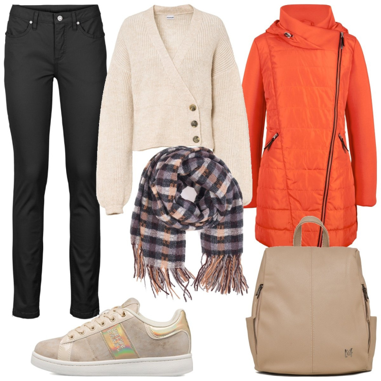 Outfit donna - Luce in inverno. Stile Casual per Tutti i giorni. Abbinamento con jeans, blazer, maglieria, zaini, sneakers, sciarpe.