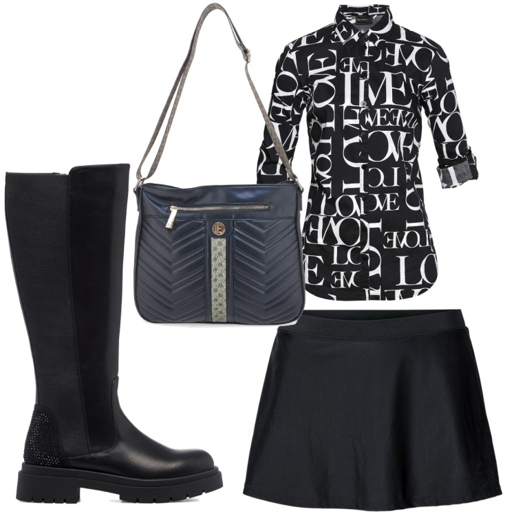 Outfit donna - Total look #1776986. Stile Trendy per Tutti i giorni. Abbinamento con gonne, camicie, stivali, borse a tracolla.