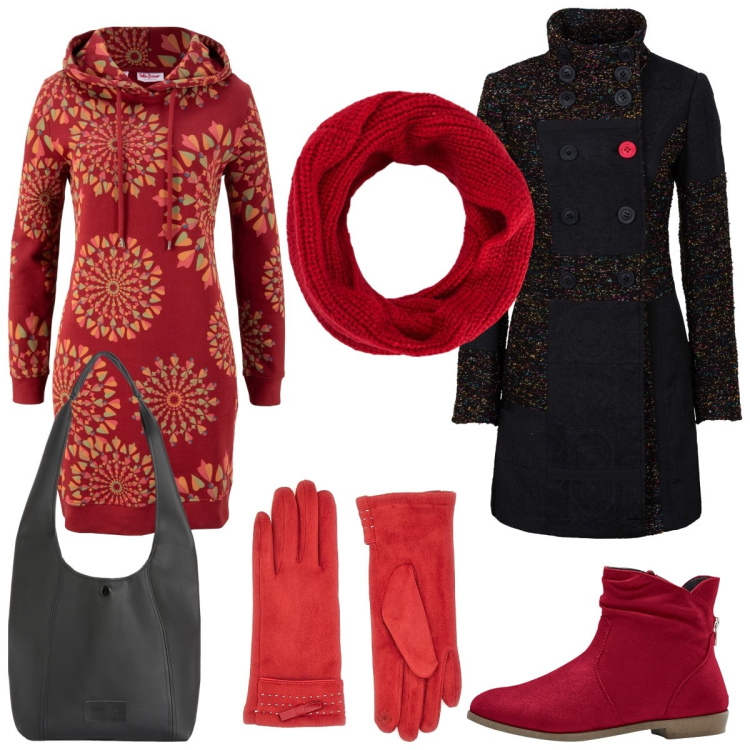 Outfit donna - Natalizio. Stile Casual per Tutti i giorni. Abbinamento con stivaletti, vestiti, cappotti, scaldacollo, borse a spalla, guanti.