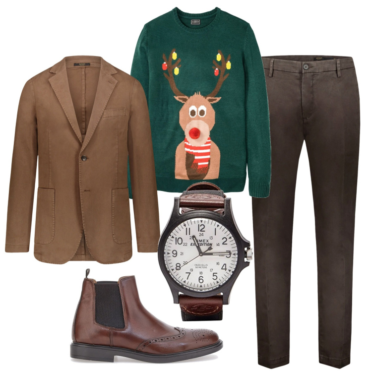 Outfit uomo - Scanzonato a Natale. Stile Casual per Tutti i giorni. Abbinamento con maglieria, pantaloni, orologi, giacche, stivali e stivaletti.