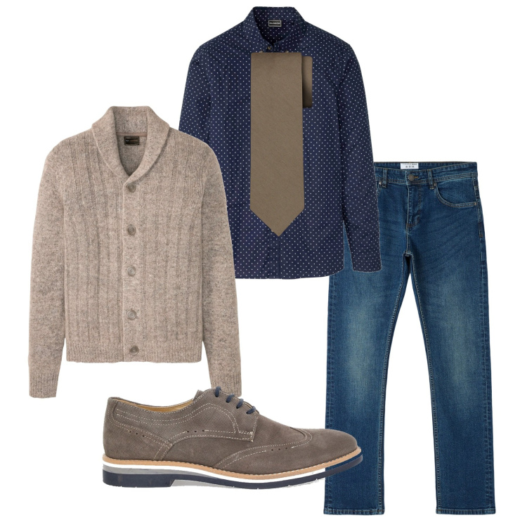 Outfit uomo - Cravatta e cardigan. Stile Trendy per Tutti i giorni. Abbinamento con cardigans, camicie, jeans dritti, scarpe stringate, cravatte.