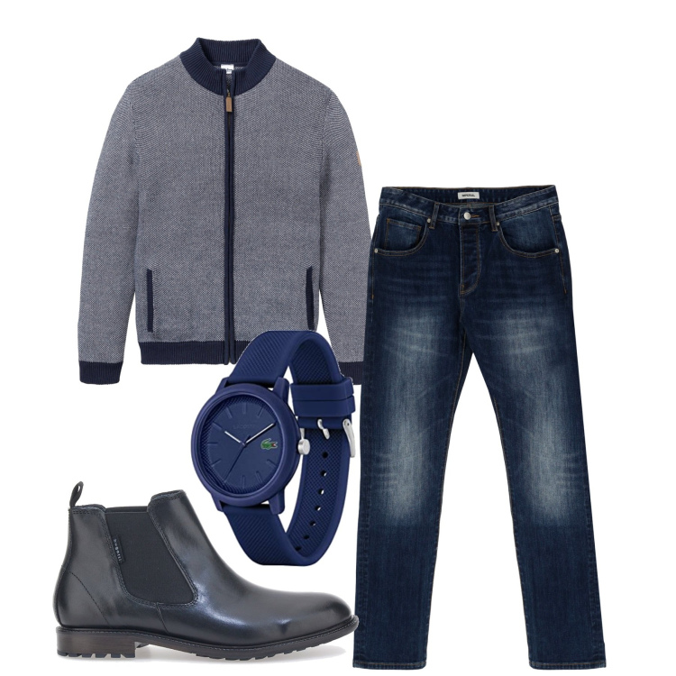 Outfit uomo - Atuttoblu. Stile Casual per Tutti i giorni. Abbinamento con cardigans, jeans dritti, orologi analogici, stivali e stivaletti.