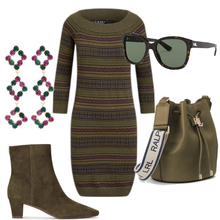 Outfit donna - Ralph Lauren. Stile Trendy per Ufficio. Abbinamento con occhiali da sole, borse a secchiello, vestiti, stivaletti, orecchini.