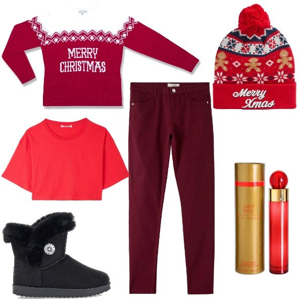 Outfit donna - Natale in arrivo. Stile Basic per Tutti i giorni. Abbinamento con profumi, pantaloni, berretti, t-shirt, maglieria, stivaletti.