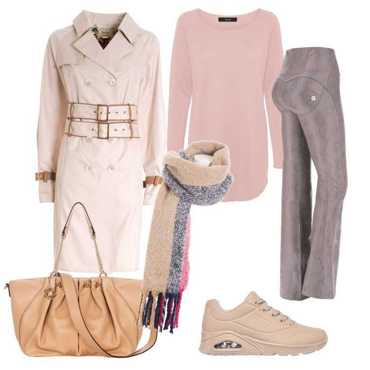Outfit donna - Total look #1777116. Stile Casual chic per Ufficio. Abbinamento con borse a spalla, trench, sciarpe, pantaloni, pullovers, sneakers.