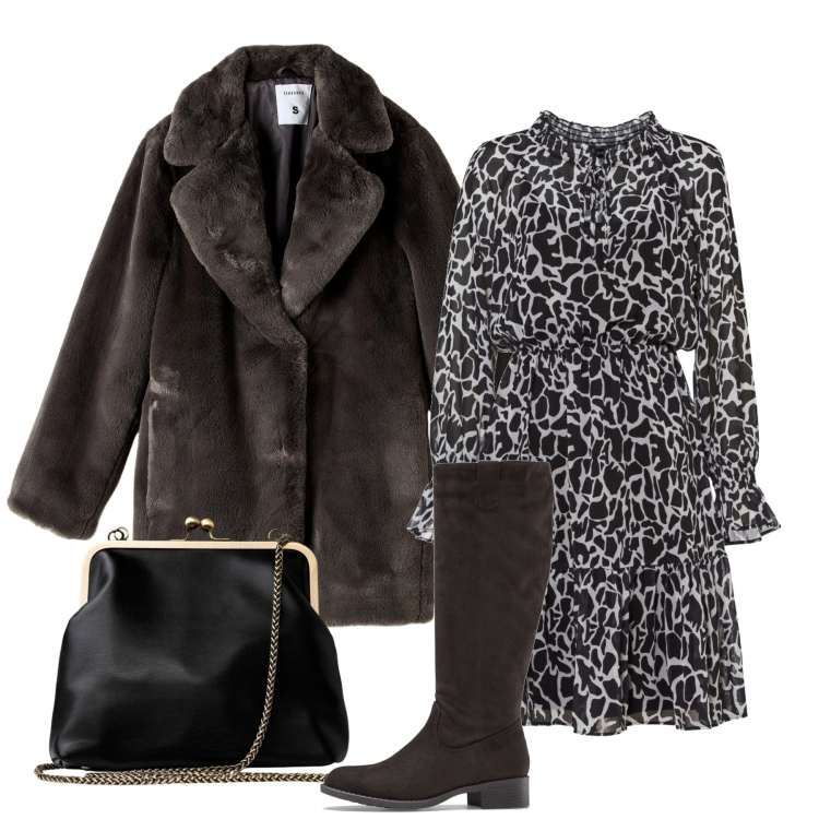 Outfit donna - Una visita. Stile Bon Ton per Tutti i giorni. Abbinamento con stivali, vestiti corti, ecopellicce, clutch.