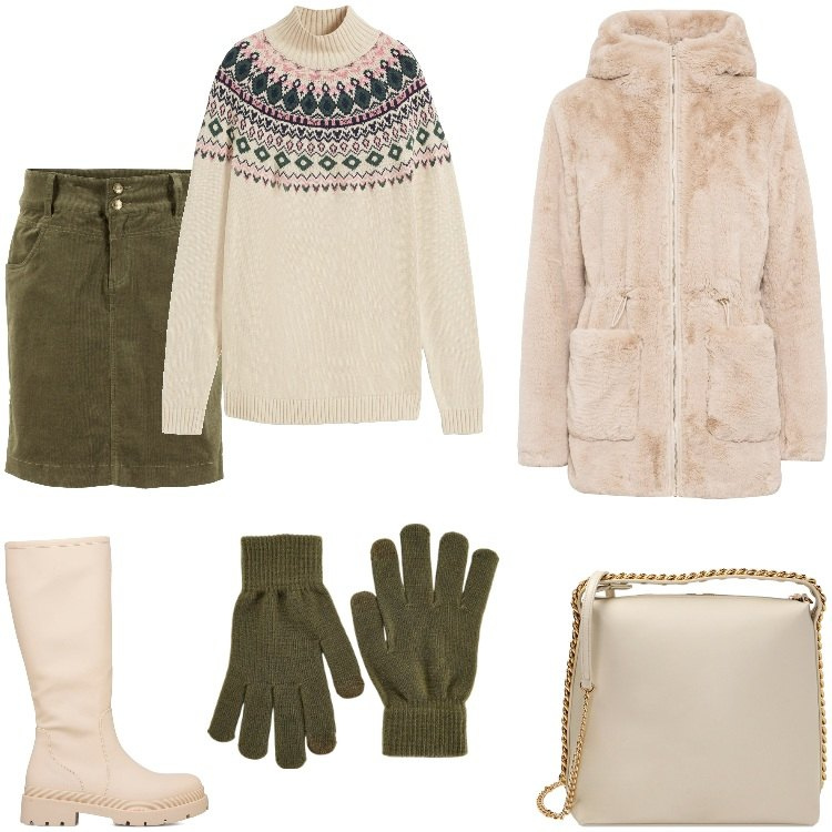 Outfit donna - panna e verdone. Stile Casual per Tutti i giorni. Abbinamento con ecopellicce, maglieria, gonne lunghe, guanti, borse a mano, stivali.
