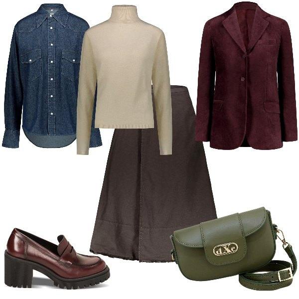 Outfit donna - Total look #1777151. Stile Preppy per Serata fuori. Abbinamento con mocassini, pochette, pullovers, gonne lunghe, blazer, camicie.