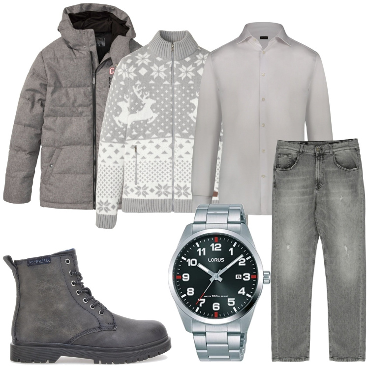 Outfit uomo - Il maglione di Natale. Stile Trendy per Tutti i giorni. Abbinamento con giacche, blazer taglio dritto nero, jeans dritti, anfibi, camicie, orologi.