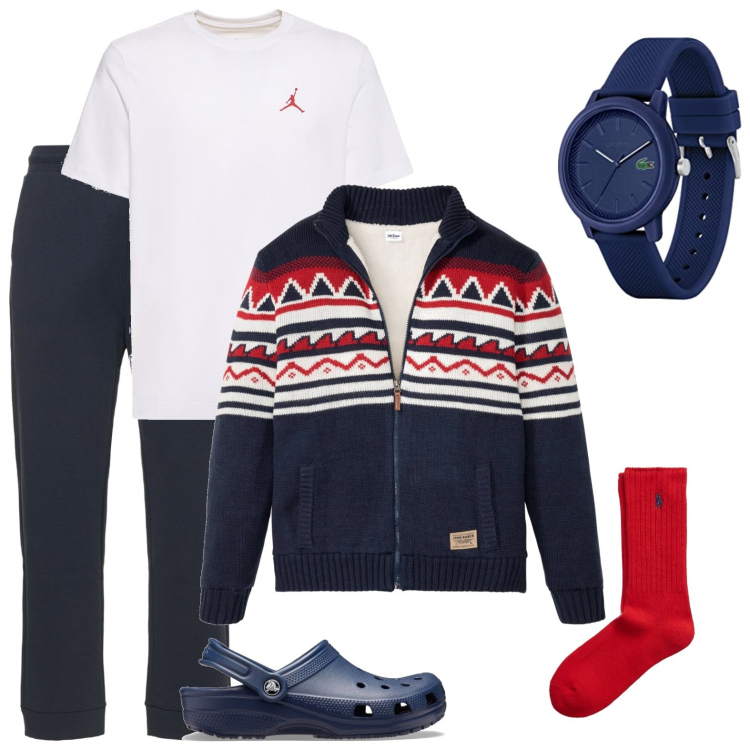 Outfit uomo - Il Cardigan comodo. Stile Casual per Tutti i giorni. Abbinamento con cardigans, sandali, calzini, t-shirt, orologi analogici, pantaloni.