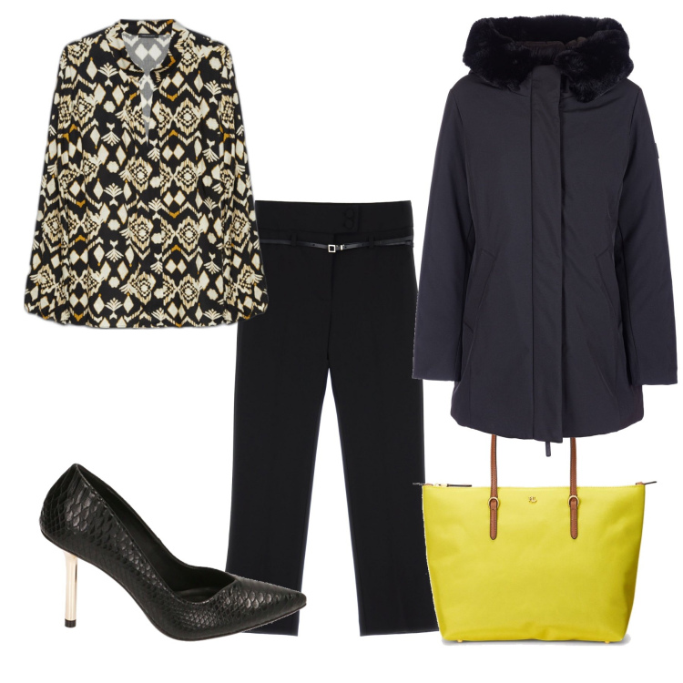 Outfit donna - Total look #1777185. Stile Casual chic per Ufficio. Abbinamento con bluse, piumini, décolleté, pantaloni, borse tote.