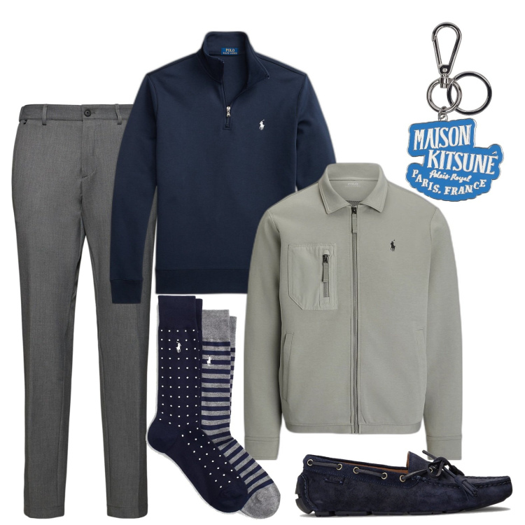 Outfit uomo - Informale. Stile Casual per Tutti i giorni. Abbinamento con pullovers, scarpe stringate, calzini, giacche, portachiavi, pantaloni.