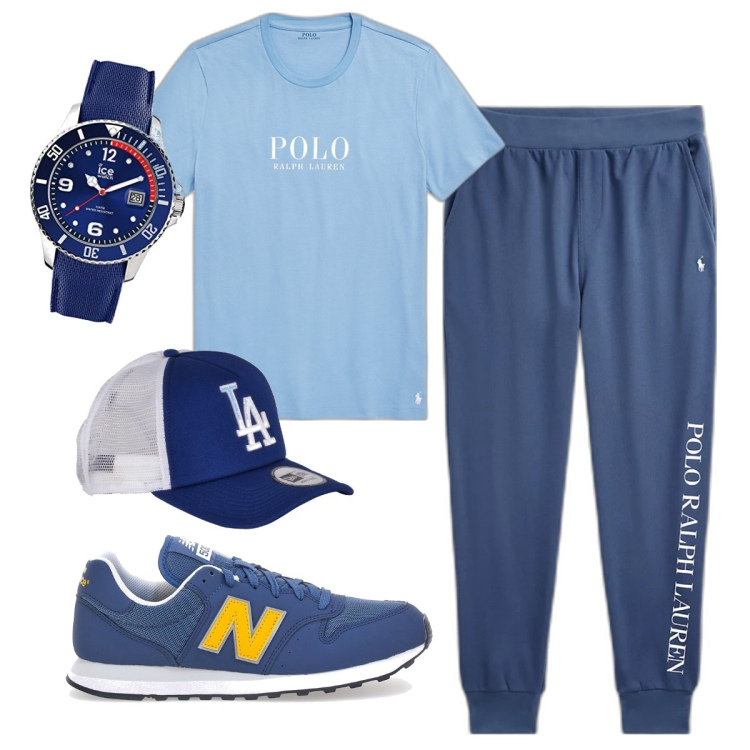 Outfit uomo - Total look #1777207. Stile Casual per Sport. Abbinamento con t-shirt, pantaloni, cappelli con visiera, orologi, sneakers.