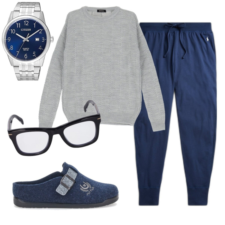 Outfit uomo - Total look #1777220. Stile Casual per Tutti i giorni. Abbinamento con pullovers, pantaloni, occhiali, orologi, pantofole.