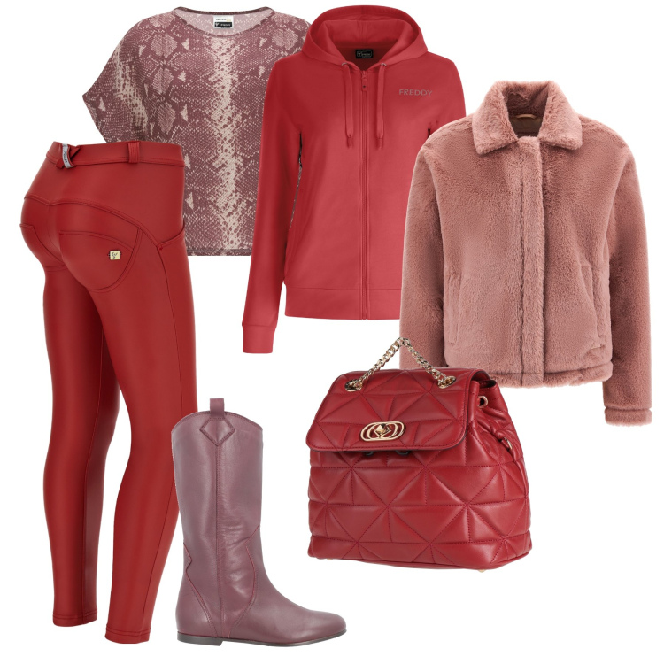 Outfit donna - Ti regalo un giacchino rosa antico. Stile Casual per Tutti i giorni. Abbinamento con zaini, stivali sopra il ginocchio, cappotti, pantaloni skinny, maglieria, felpe con cappuccio.