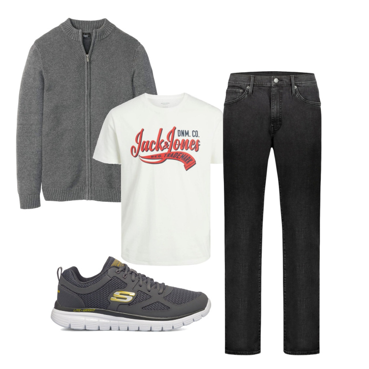 Outfit uomo - In casa. Stile Casual per Tutti i giorni. Abbinamento con cardigans, t-shirt, sneakers, jeans.